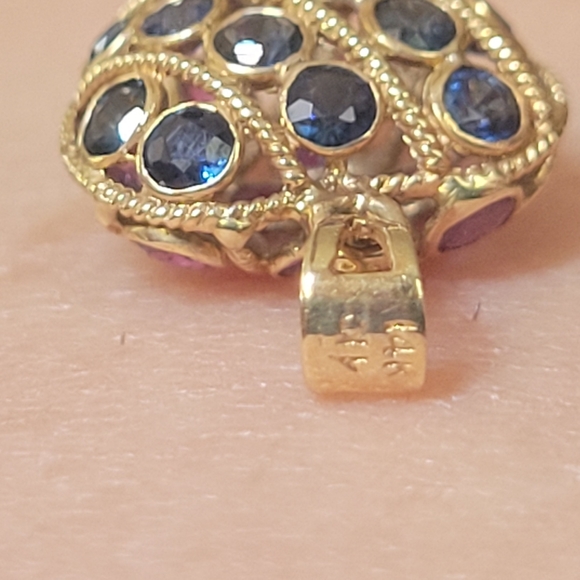 14k gold puff heart pendent filigree reversible Saphires & Rubies 15" 14k chain - Picture 7 of 10